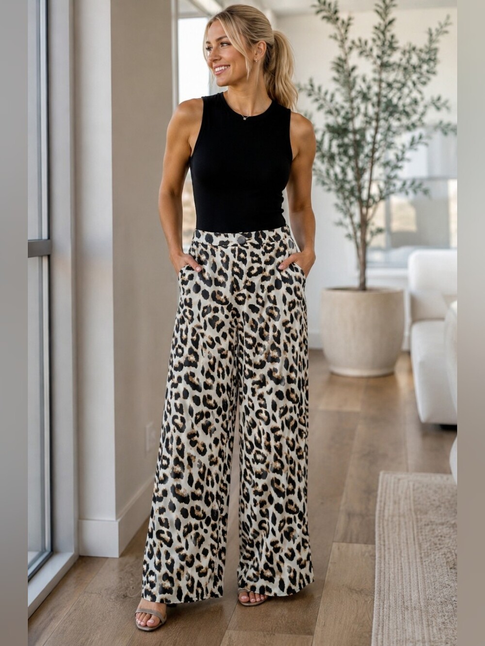 Boutique Leopard Print Wide Leg Pants